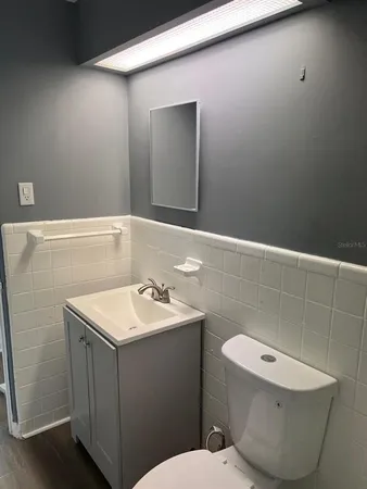 a bathroom with a sink a toilet and a mirror