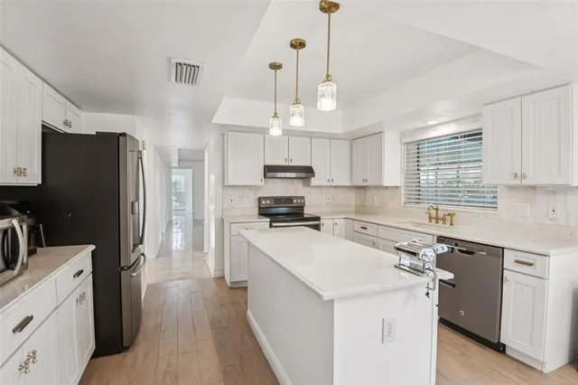 a kitchen with stainless steel appliances white cabinets and a sink