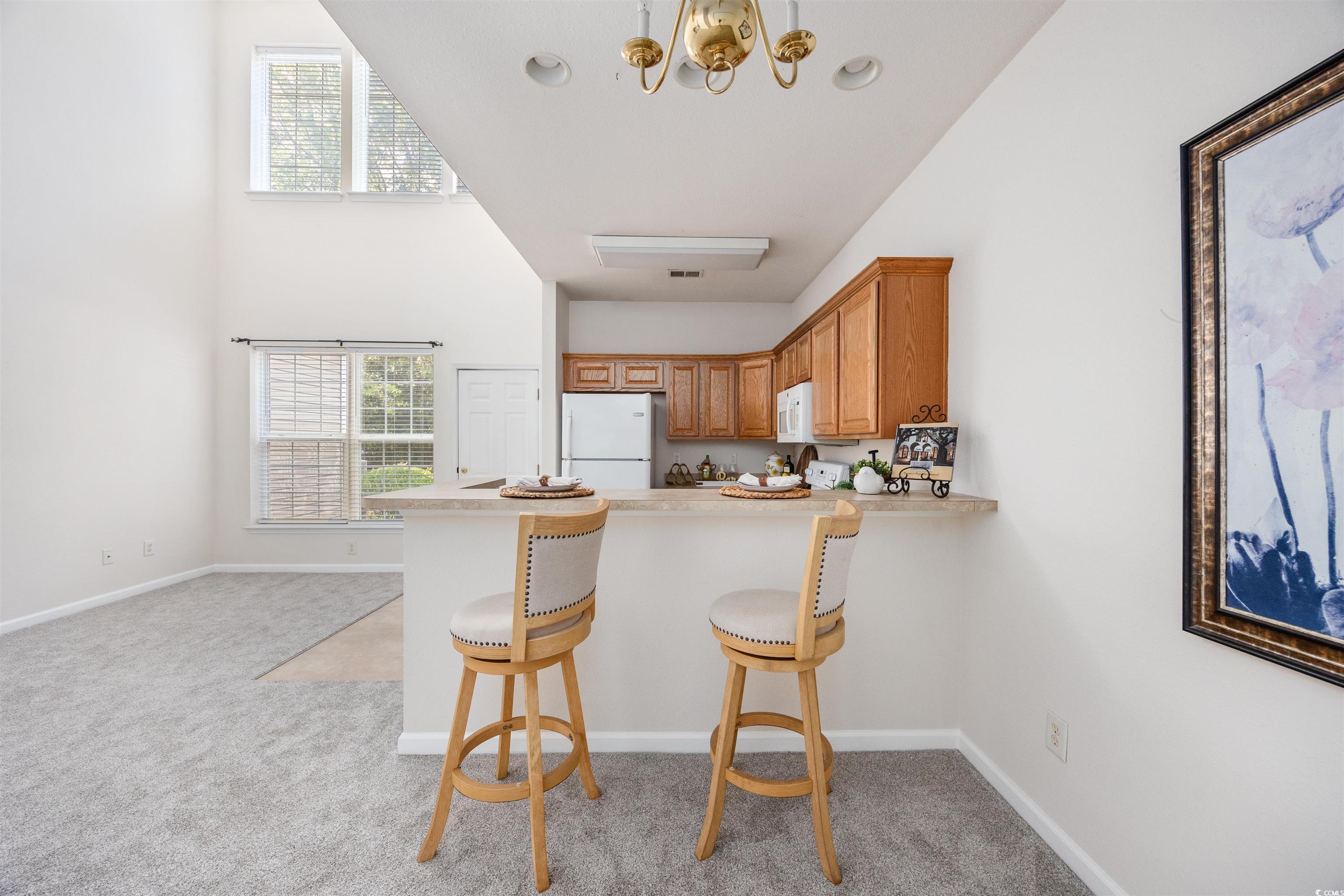 155 Chenoa Drive, Unit E Murrells Inlet, SC 29576 - Photo 3 of 34 Kitchen featuring white appliances, light carpet, a peninsula, light countertops, and plenty of natural light