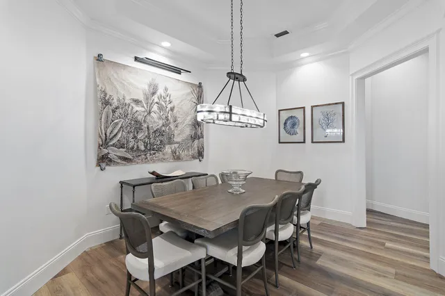 a view of a dining room with furniture
