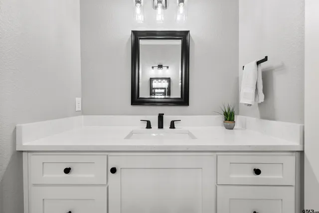 a bathroom with a sink vanity and a mirror