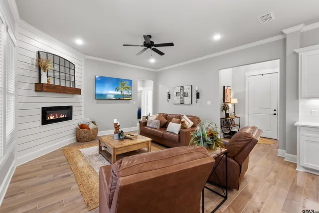 a living room with furniture and a fireplace