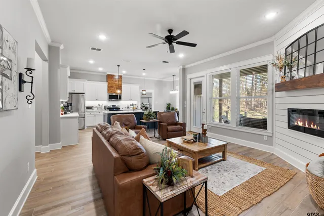 a living room with furniture and a fireplace