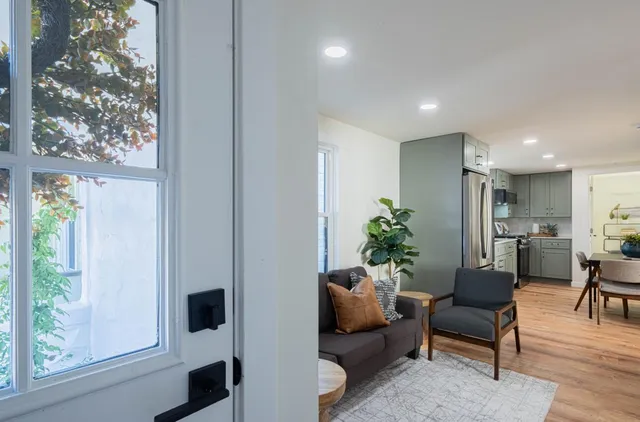 a living room with furniture and a potted plant