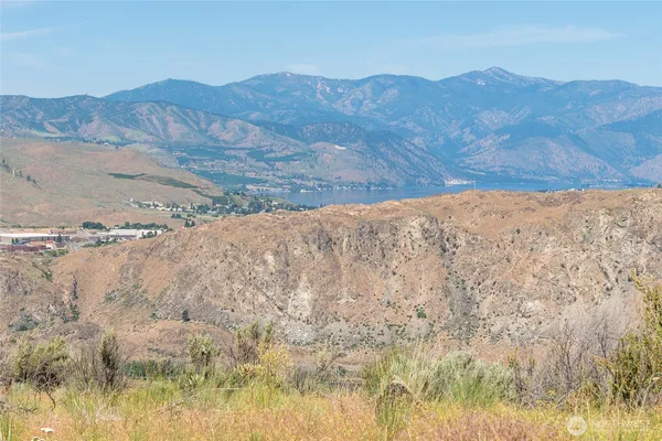 a view of a dry yard with mountains in the background