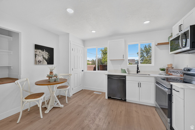 546 West 200 South Payson, UT 84651 - Photo 9 of 45 Contemporary kitchen featuring white cabinetry, light-toned wood-finish flooring, two large windows, recessed ceiling lighting, and a suite of stainless steel appliances