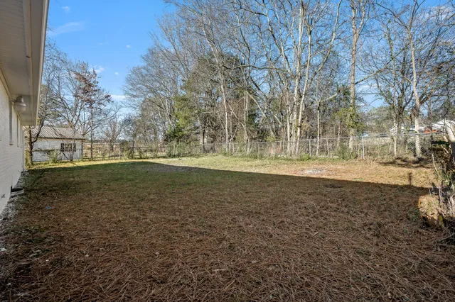 a view of dirt field with trees
