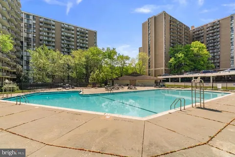 a view of a swimming pool with a garden