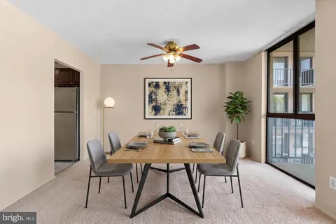 a dining room with furniture a rug and a potted plant