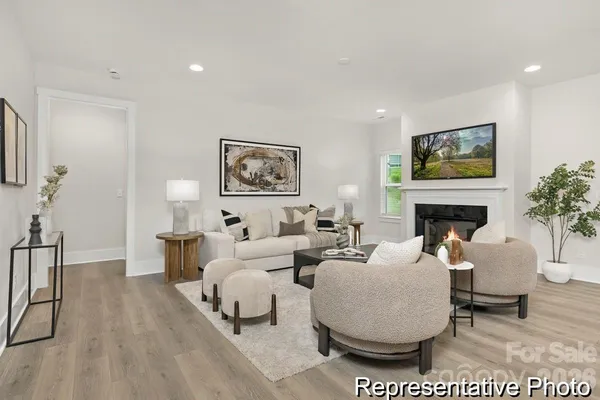 a living room with furniture a fireplace and wall paintings