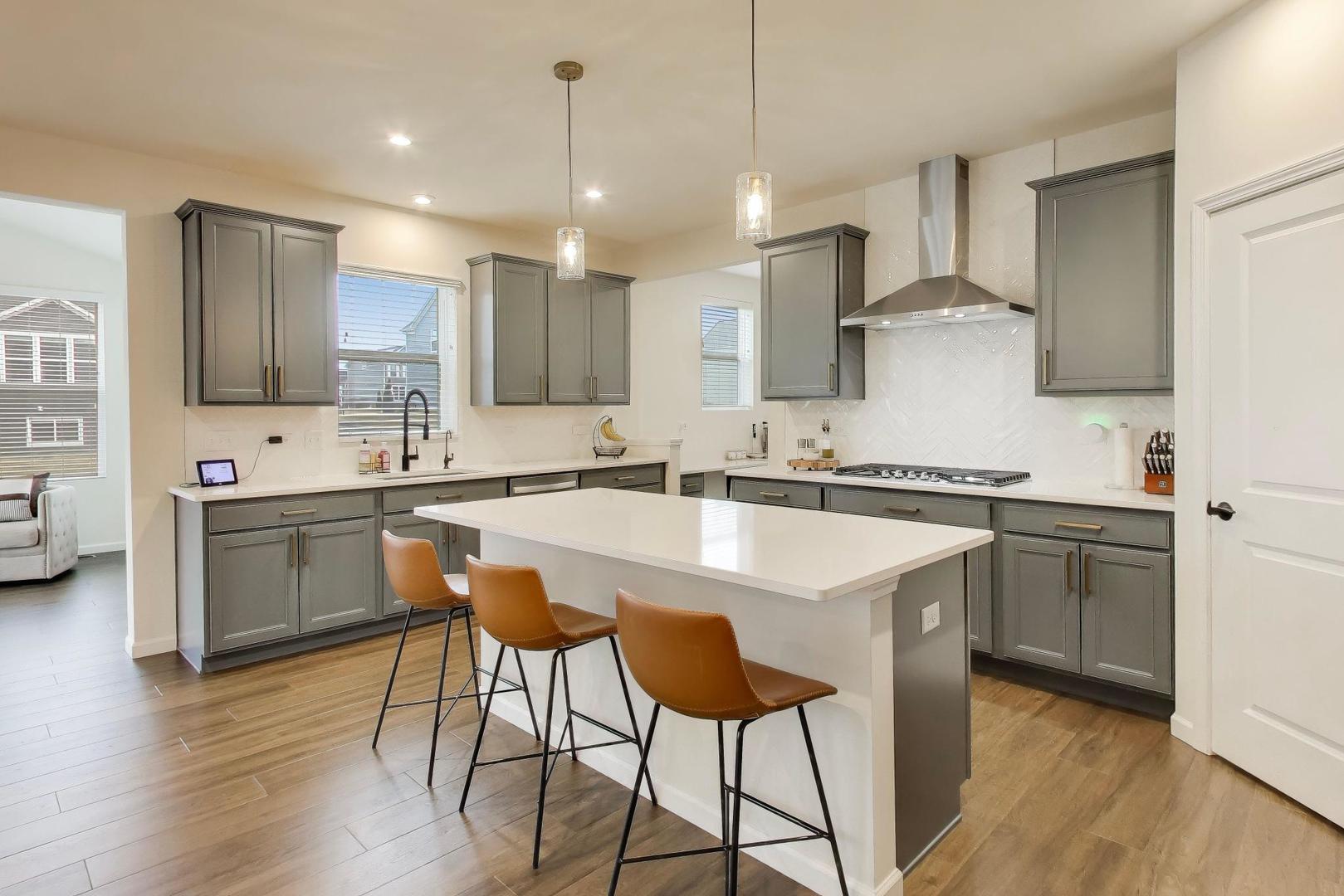 3744 Peregrine Way Elgin, IL 60124 - Photo 3 of 33 a kitchen with stainless steel appliances granite countertop a sink a stove a refrigerator and island with wooden floor