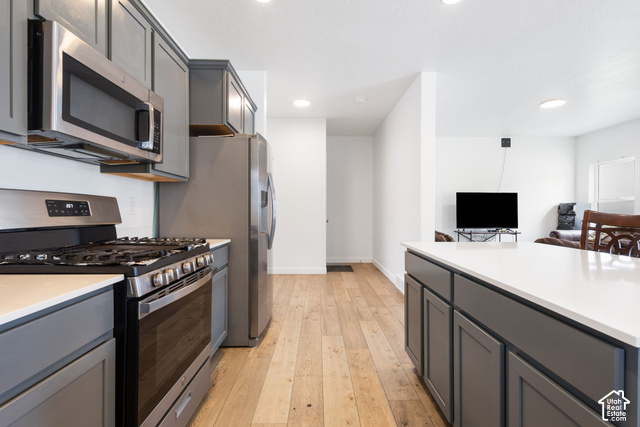 7723 Conger Road Magna, UT 84044 - Photo 7 of 24 Kitchen featuring stainless steel appliances, grey cabinetry, white countertops, and wood-finish flooring