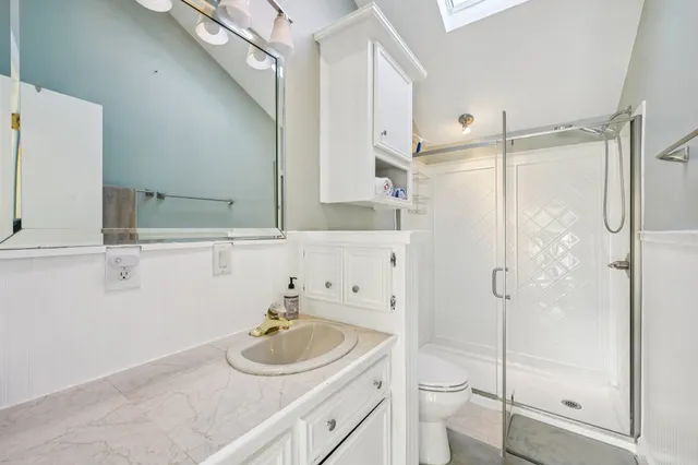 a bathroom with a sink a toilet and shower