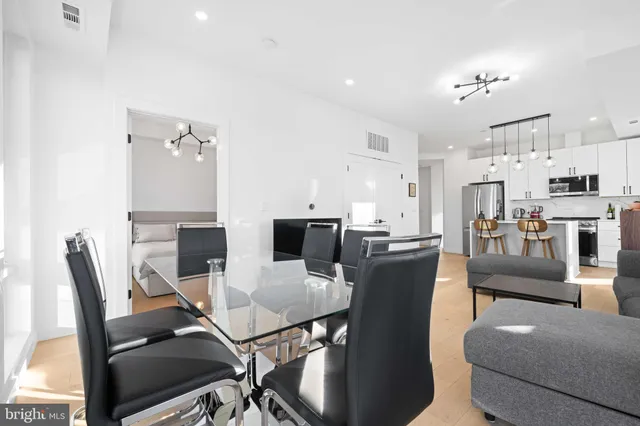 a view of a dining room with furniture