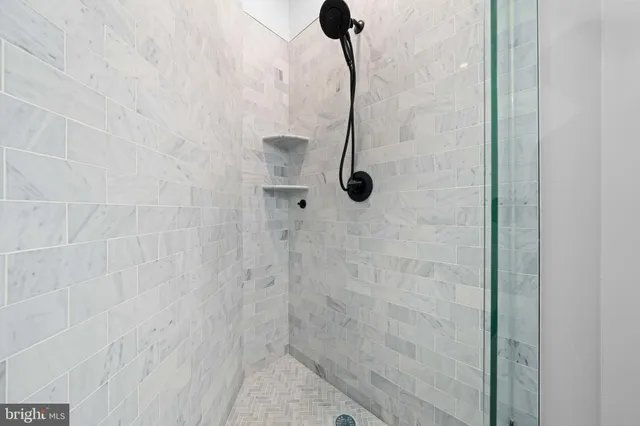 a close view of a bathroom shower