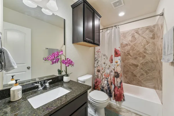 a bathroom with a sink toilet and shower