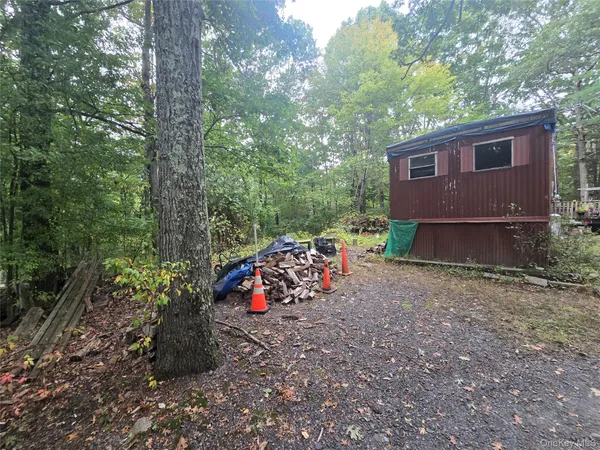 a view of a backyard with a large tree and wooden fence