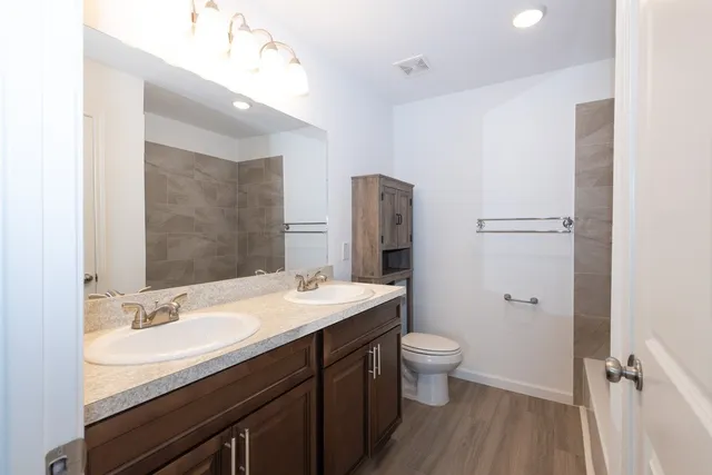 a bathroom with a sink a toilet a shower and a mirror