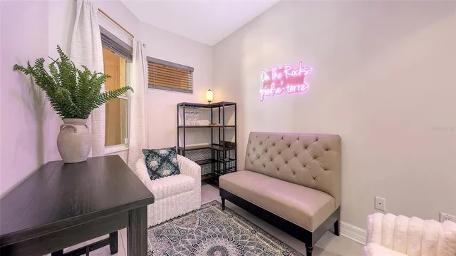 a living room with furniture flowerpot and a potted plant