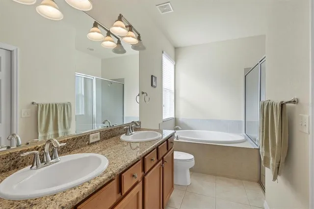 a bathroom with a granite countertop sink a toilet and bathtub
