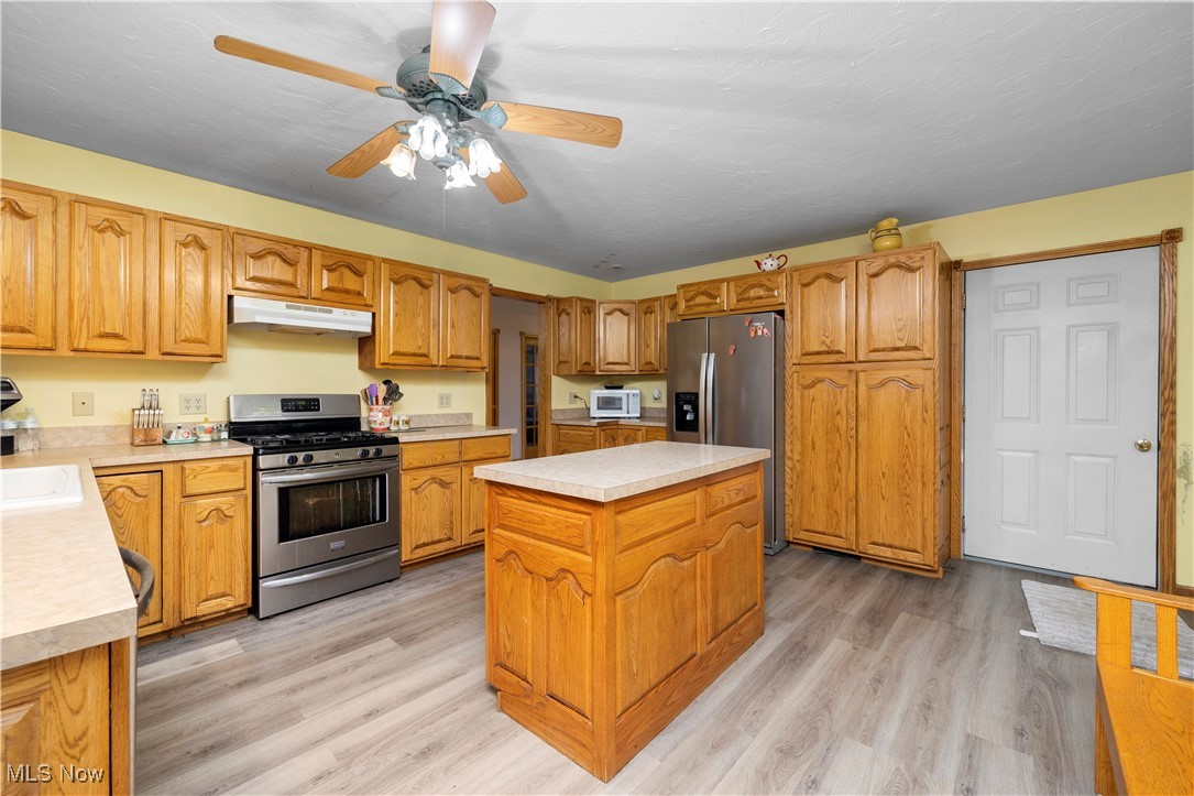 14951 Rickel Road West Salem, OH 44287 - Photo 18 of 46 Kitchen with appliances with stainless steel finishes, a center island, light countertops, light wood finished floors, and a ceiling fan
