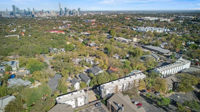 a city view with tall buildings