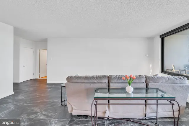 a living room with furniture and white kitchen