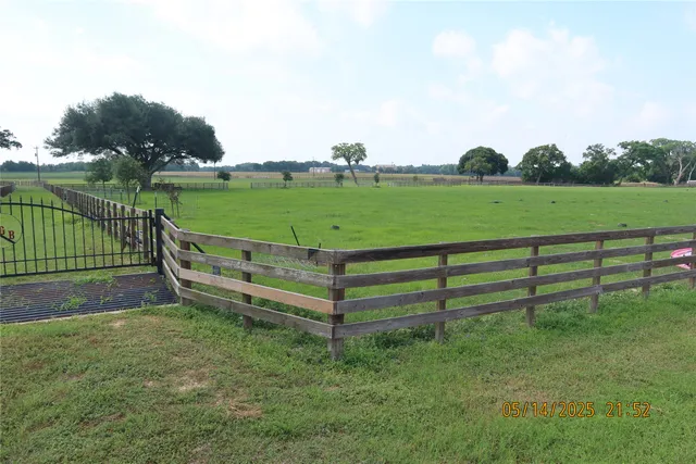 a view of a park with large trees and a wooden fence