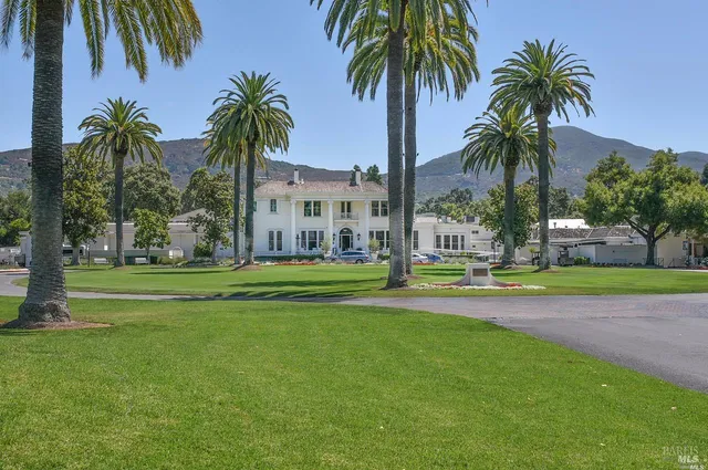 a view of a garden with a fountain