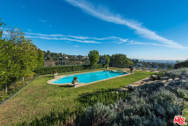 a view of a swimming pool with lawn chairs and plants