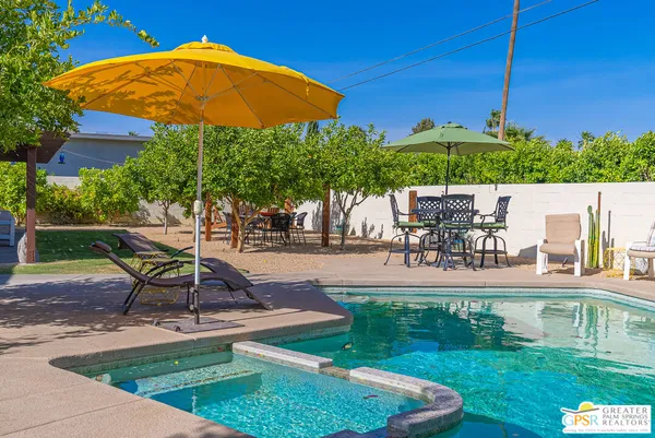 a view of a backyard with table and chairs potted plants and a large tree