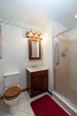 a bathroom with a toilet mirror vanity and vanity