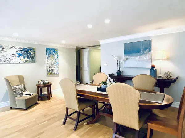 a view of a dining room with furniture