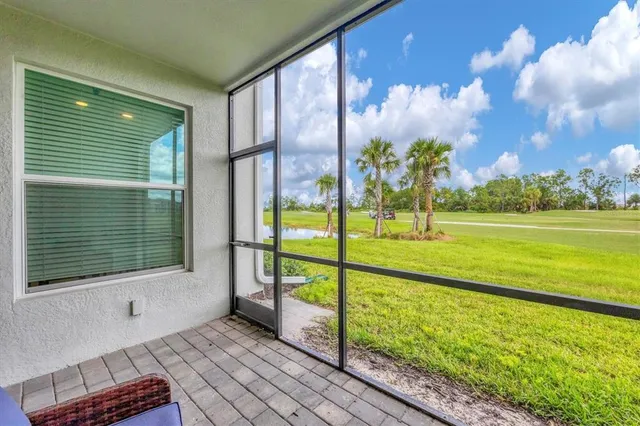 a view of a palm tree with a yard