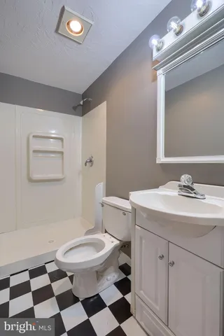 a bathroom with a sink a toilet a mirror and shower