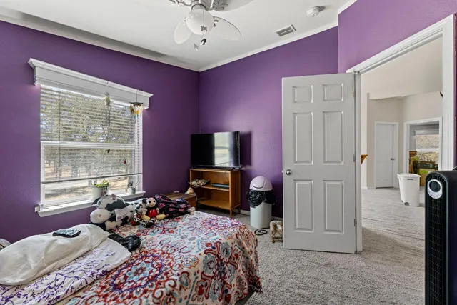 a view of a bedroom with furniture and a chandelier