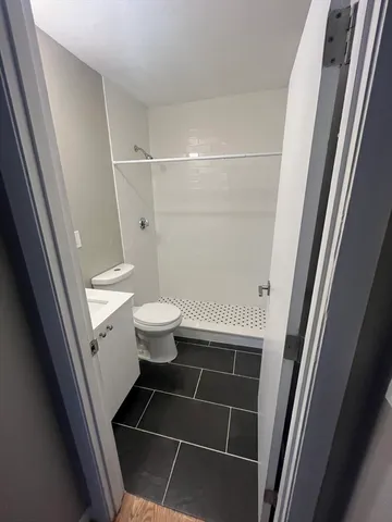a bathroom with a toilet and a shower
