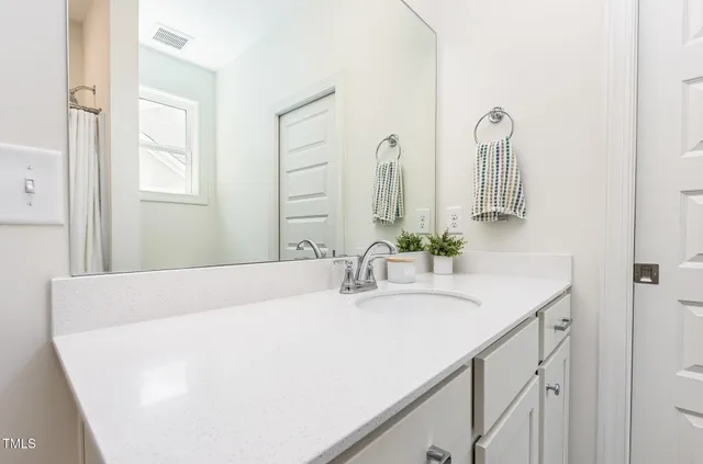 a bathroom with 2 sink and a mirror