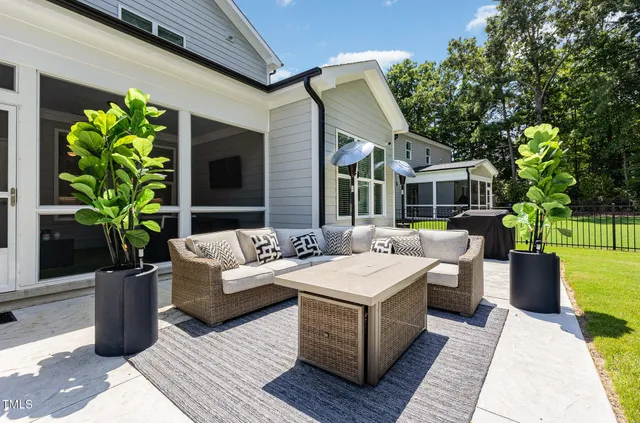 a view of a patio with couches and a potted plant