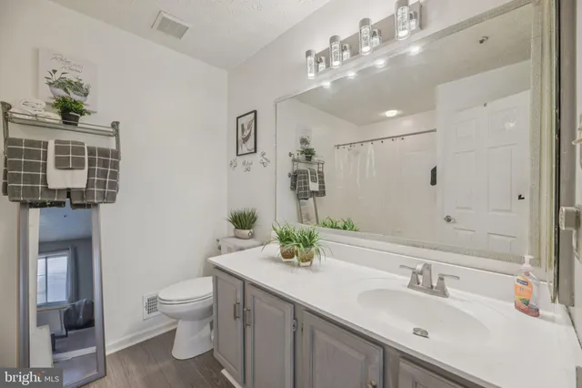 a bathroom with a sink vanity granite and toilet