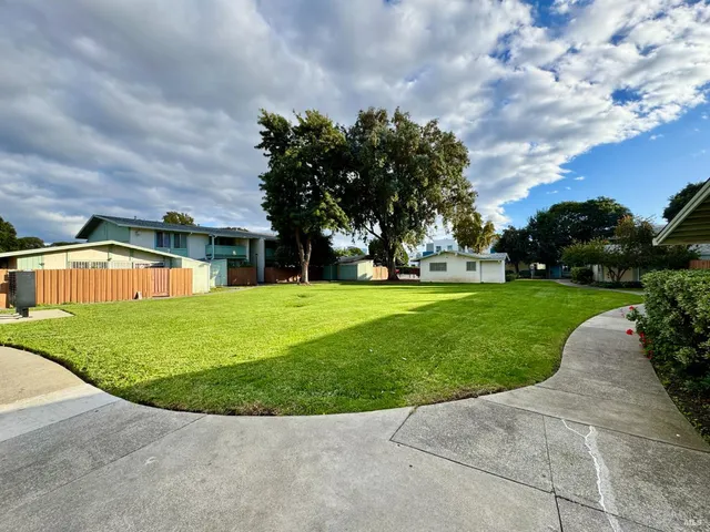 a view of a house with a big yard potted plants and large tree