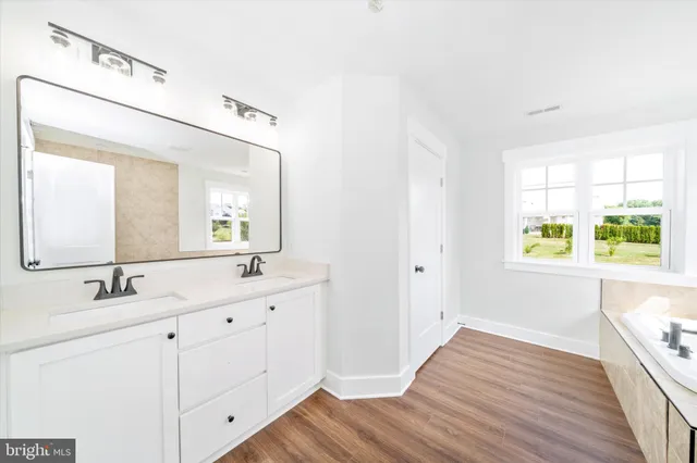 a bathroom with a double vanity sink and a window