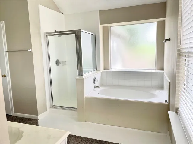 a bathroom with a bathtub and a shower