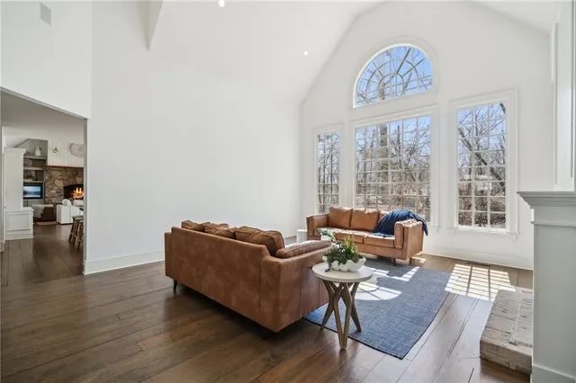 a living room with furniture a fireplace and a wooden floor