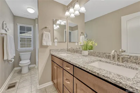 a bathroom with a granite countertop sink a toilet and a large mirror