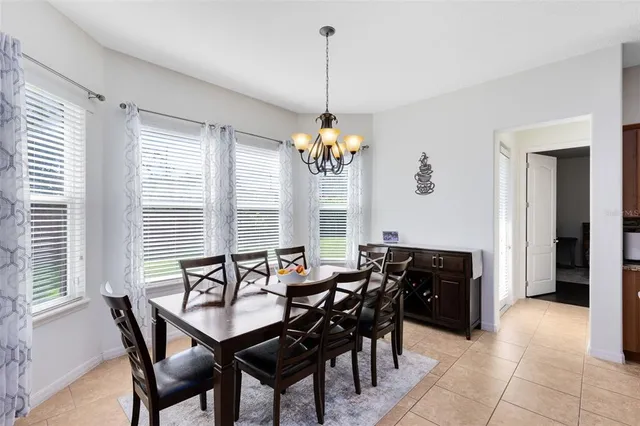 a view of a dining room with furniture and window