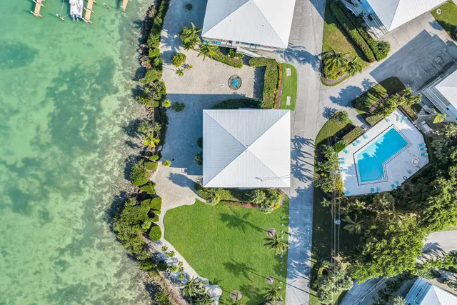 an aerial view of a house with a yard and a large tree