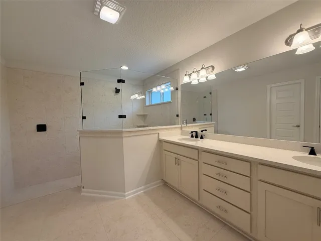 a bathroom with a sink a shower a mirror and a bathtub