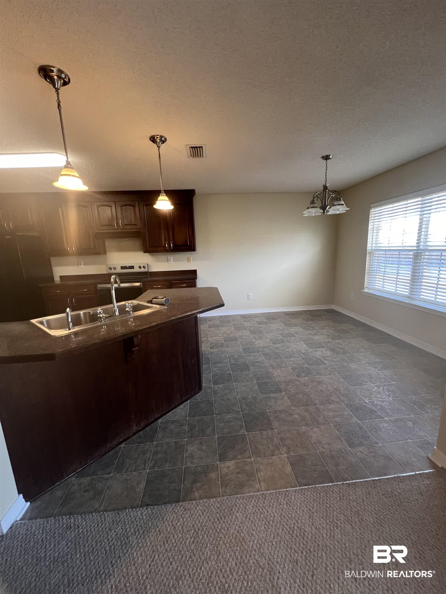 17793 Fancy Boulevard Foley, AL 36535 - Photo 6 of 34 Kitchen featuring sink, dark brown cabinets, hanging light fixtures, and a textured ceiling