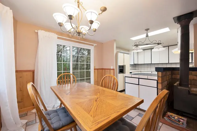 a view of a dining room with furniture and a window